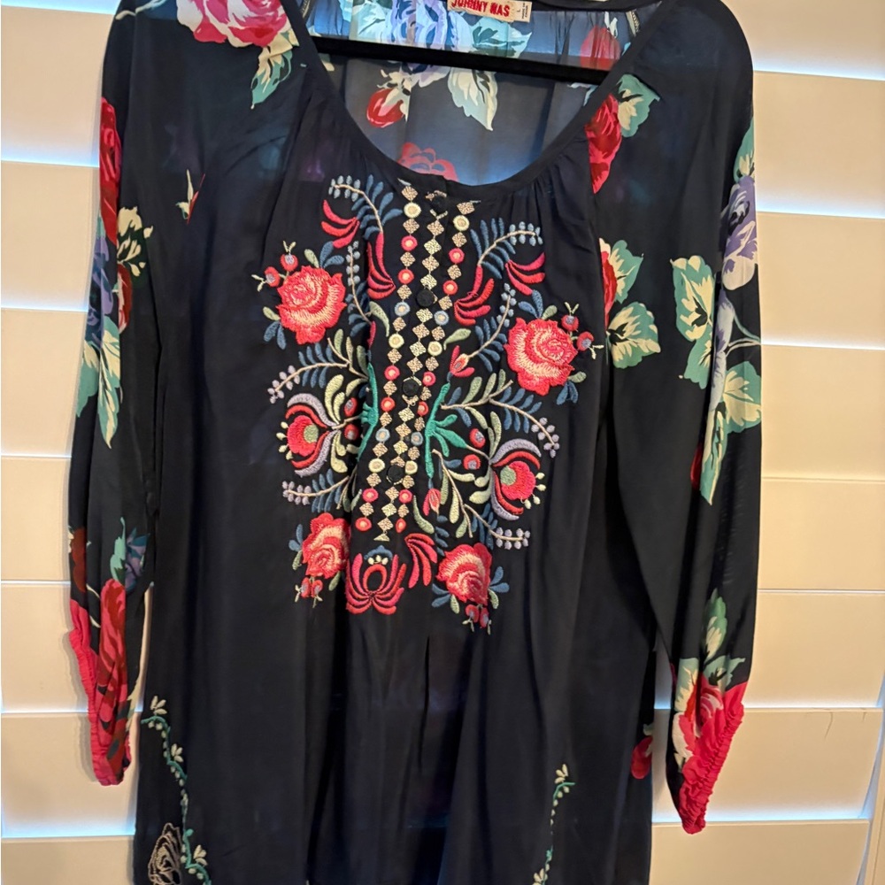 Johnny Was Navy Blue Floral embroidered front Blouse